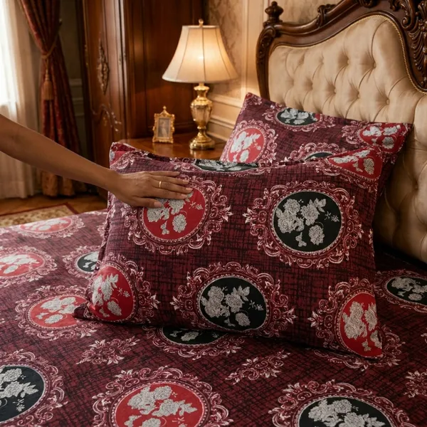 Maroon_Cotton_&_Polyester_Floral_Medallion_Print_Bedsheet_With_Pillow_Cover_For_Bedroom