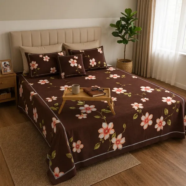 Brown_Cotton_&_Polyester_Floral_Print_Bedsheet_With_Pillow_Cover_For_Bedroom