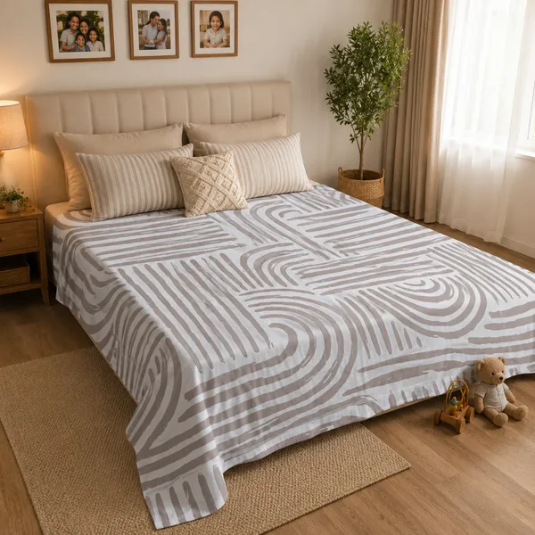 Grey_&_White_Cotton_&_Polyester_Geometric_Striped_Bedsheet_With_Pillow_Cover_For_Bedroom