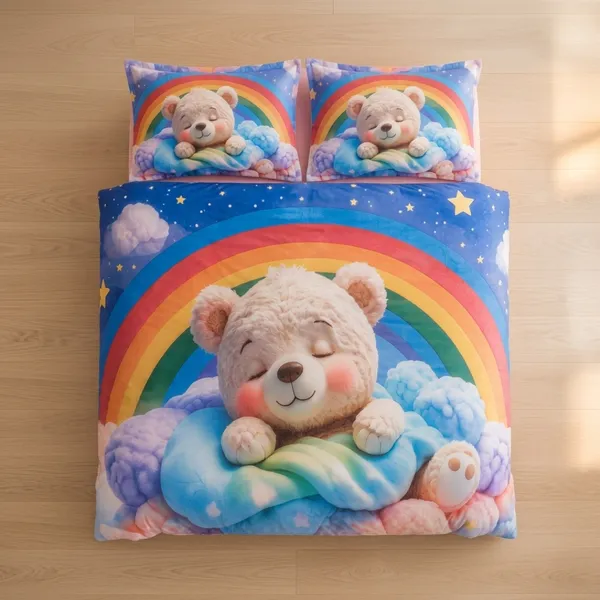Multicolor_Glace_Cotton_Bear_Print_With_Rainbow_And_Cloud_Motifs_Bedsheet_With_Pillow_Cover_For_Bedroom