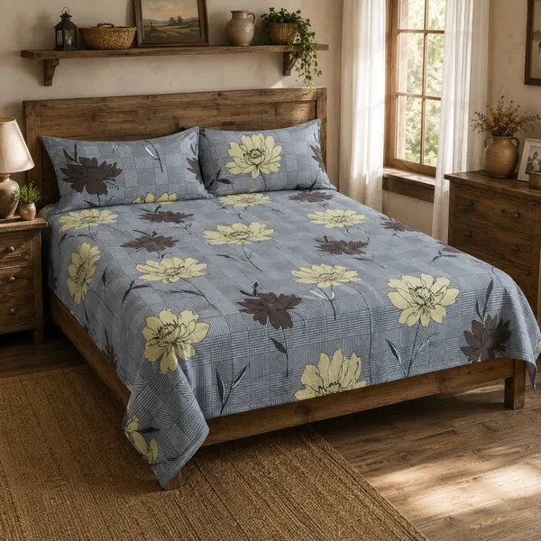 Grey_Cotton_&_Polyester_Floral_Print_Bedsheet_With_Pillow_Cover_For_Bedroom
