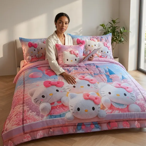 Pink_Glace_Cotton_Hello_Kitty_Castle_Print_With_Bow_Motifs_Bedsheet_With_Pillow_Cover_For_Bedroom
