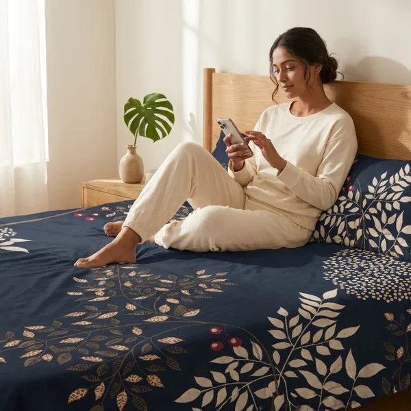 Navy_Blue_Cotton_&_Polyester_Floral_Print_Bedsheet_With_Pillow_Cover_For_Bedroom