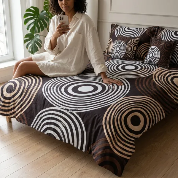 Brown_Glace_Cotton_Geometric_Concentric_Circle_Bedsheet_With_Pillow_Cover_For_Bedroom