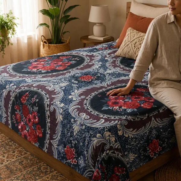Navy_Blue_Cotton_&_Polyester_Floral_Paisley_Bedsheet_With_Pillow_Cover_For_Bedroom