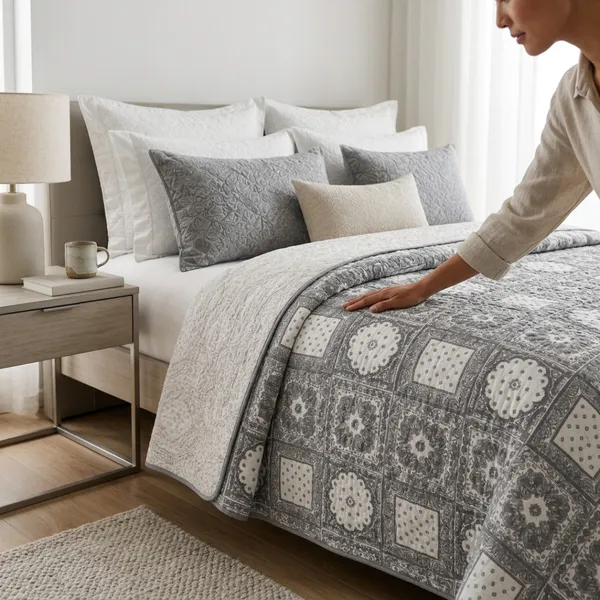 Grey_Microfiber_Medallion_Print_With_Geometric_Patterns_Quilt_For_Bedroom