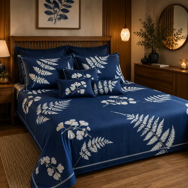 Blue_Glace_Cotton_Botanical_Fern_Print_Bedsheet_With_Pillow_Cover_For_Bedroom