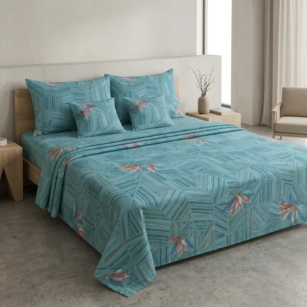 Turquoise_Premium_Cotton_Floral_Print_With_Geometric_Lines_Bedsheet_With_Pillow_Cover_For_Bedroom