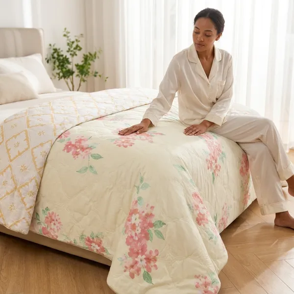 Cream_Microfiber_Floral_With_Geometric_Reverse_Quilt_For_Bedroom