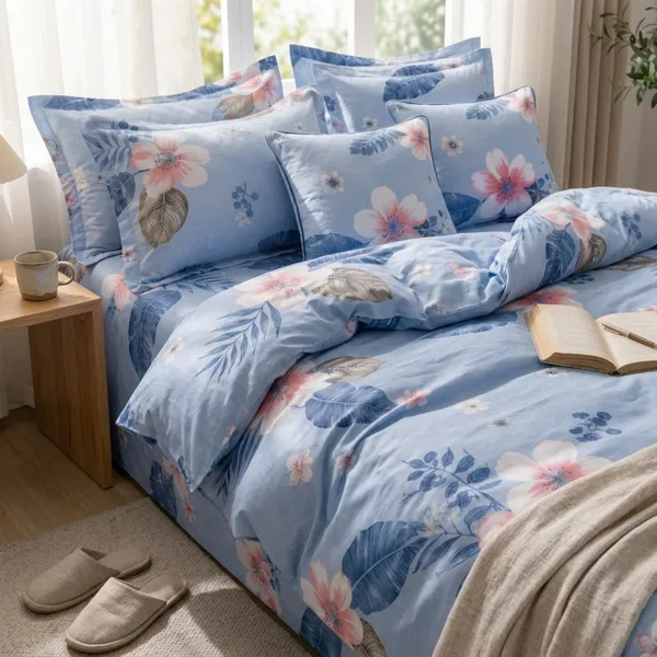 Blue_Glace_Cotton_Floral_Tropical_Print_Bedsheet_With_Pillow_Cover_For_Bedroom