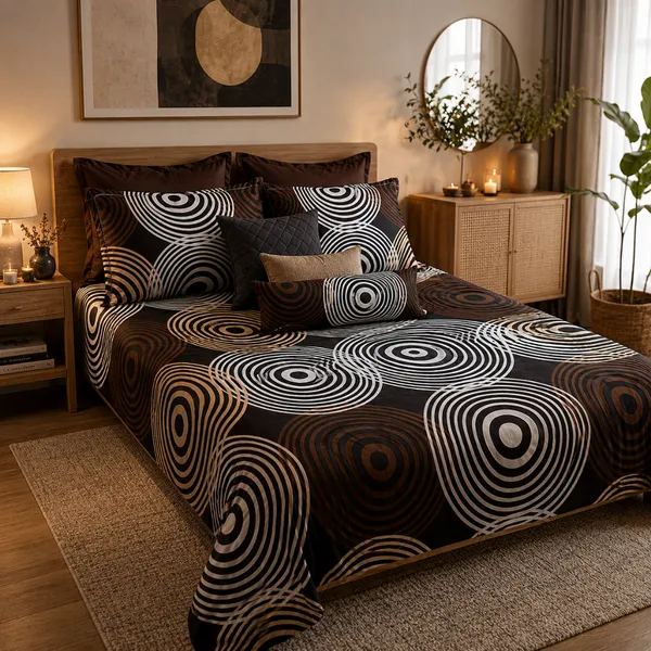 Brown_Glace_Cotton_Geometric_Concentric_Circle_Bedsheet_With_Pillow_Cover_For_Bedroom