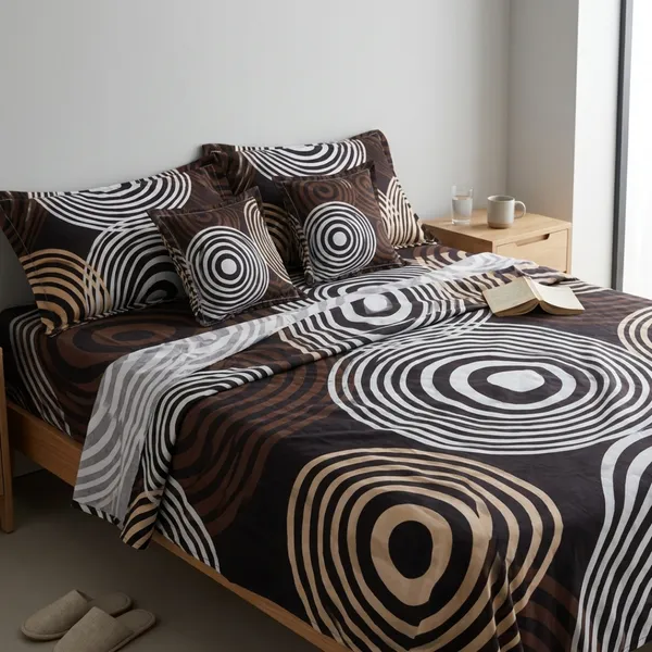 Brown_Glace_Cotton_Geometric_Concentric_Circle_Bedsheet_With_Pillow_Cover_For_Bedroom