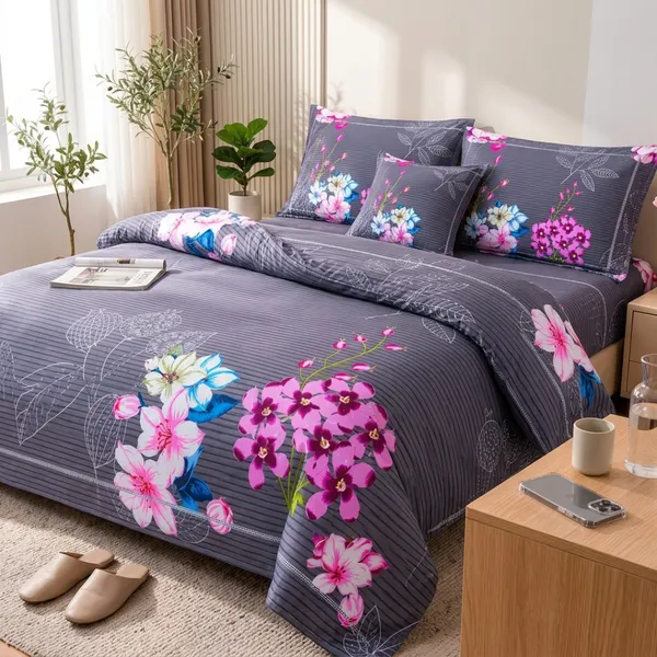 Grey_Cotton_&_Polyester_Floral_Print_Bedsheet_With_Pillow_Cover_For_Bedroom