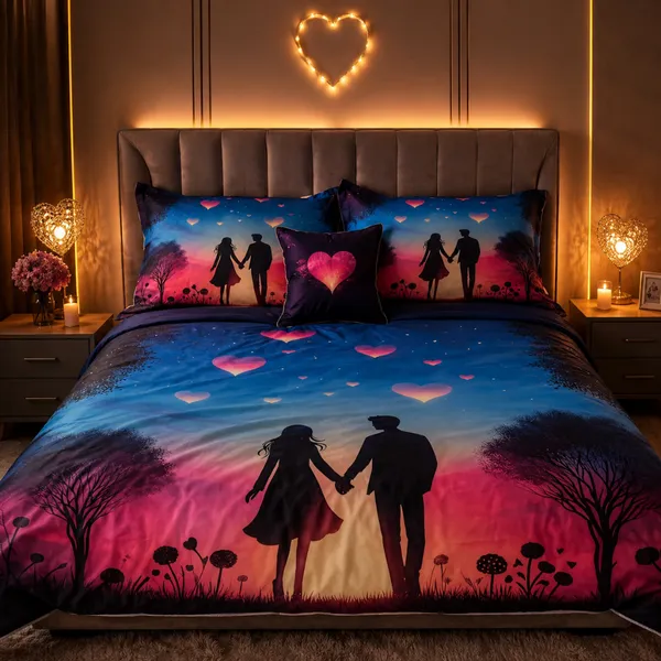 Multicolor_Glace_Cotton_Romantic_Couple_Silhouette_With_Twilight_Scene_And_Heart_Motifs_Bedsheet_With_Pillow_Cover_For_Bedroom