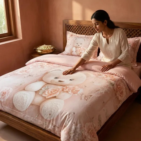 Pink_Glace_Cotton_Floral_Teddy_Bear_Print_Bedsheet_With_Pillow_Cover_For_Bedroom