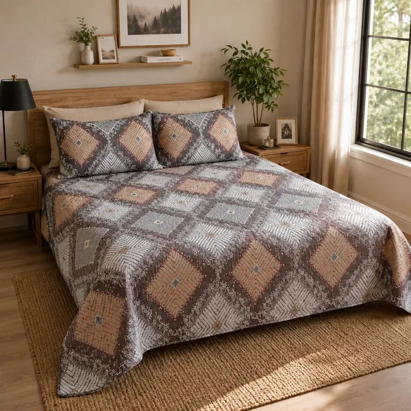 Multicolor_Cotton_&_Polyester_Geometric_Diamond_Bedsheet_With_Pillow_Cover_For_Bedroom