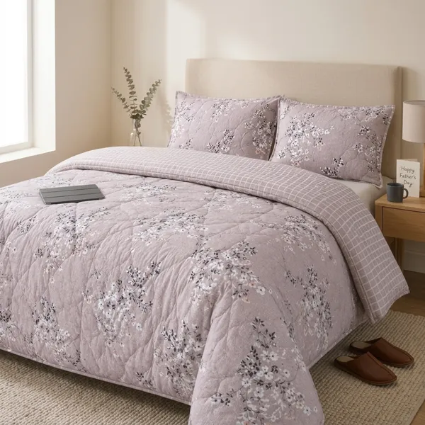 Lavender_Microfiber_Floral_Print_With_Reversible_Checkered_Quilt_For_Bedroom