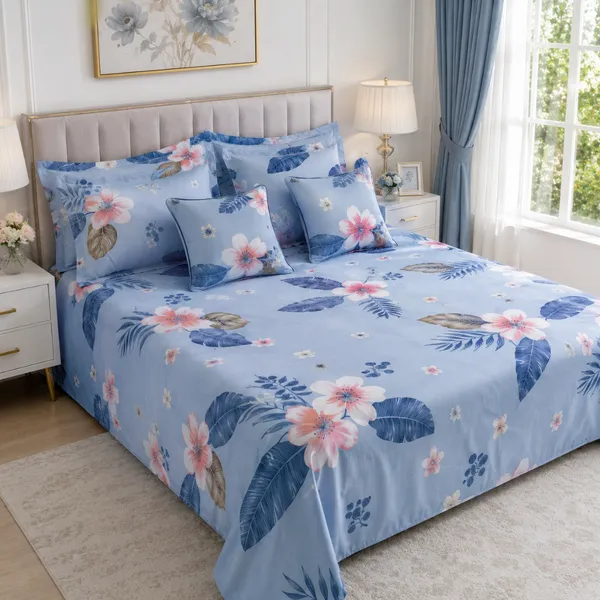 Blue_Glace_Cotton_Floral_Tropical_Print_Bedsheet_With_Pillow_Cover_For_Bedroom