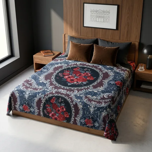 Navy_Blue_Cotton_&_Polyester_Floral_Paisley_Bedsheet_With_Pillow_Cover_For_Bedroom