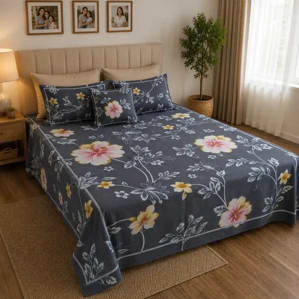 Grey_Cotton_&_Polyester_Floral_Print_Bedsheet_With_Pillow_Cover_For_Bedroom