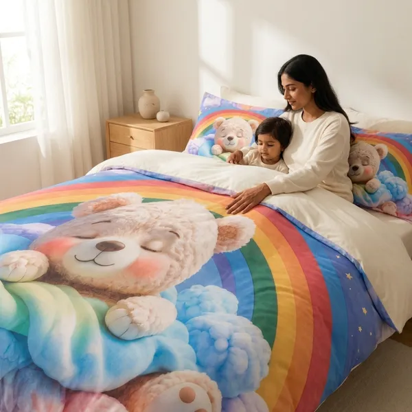 Multicolor_Glace_Cotton_Bear_Print_With_Rainbow_And_Cloud_Motifs_Bedsheet_With_Pillow_Cover_For_Bedroom