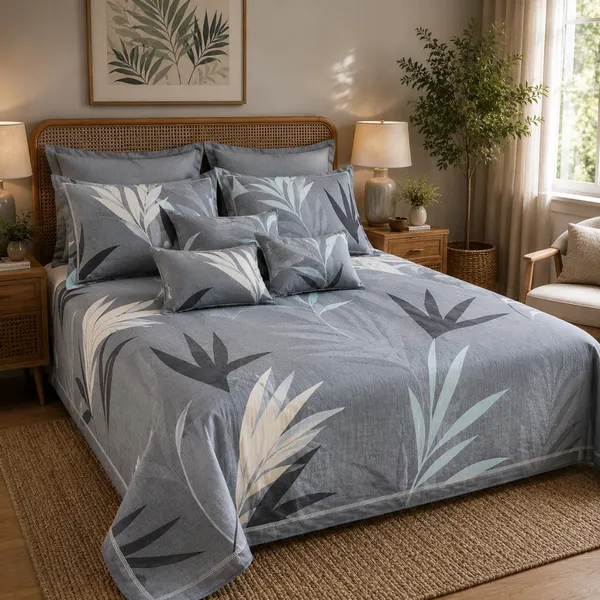 Grey_Glace_Cotton_Botanical_Leaf_Print_Bedsheet_With_Pillow_Cover_For_Bedroom