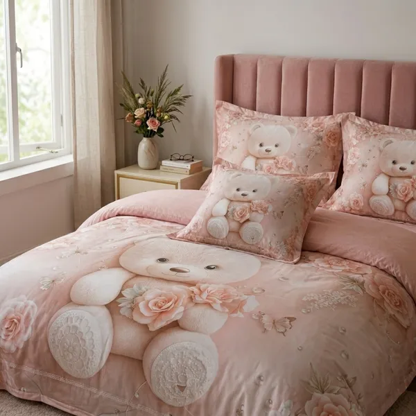 Pink_Glace_Cotton_Floral_Teddy_Bear_Print_Bedsheet_With_Pillow_Cover_For_Bedroom