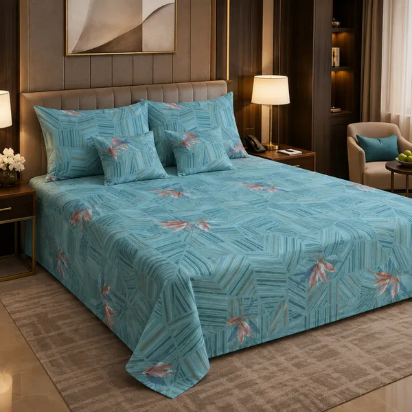 Turquoise_Premium_Cotton_Floral_Print_With_Geometric_Lines_Bedsheet_With_Pillow_Cover_For_Bedroom