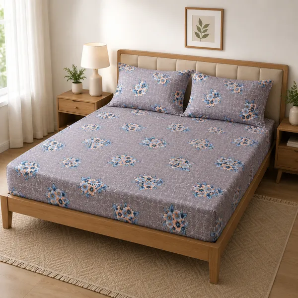 Grey_Cotton_&_Polyester_Floral_Print_Bedsheet_With_Pillow_Cover_For_Bedroom