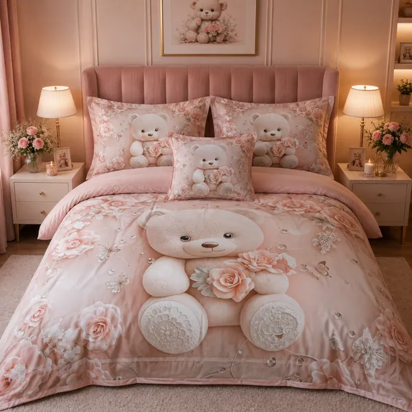 Pink_Glace_Cotton_Floral_Teddy_Bear_Print_Bedsheet_With_Pillow_Cover_For_Bedroom