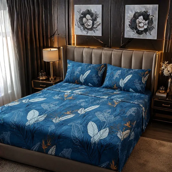 Blue_Cotton_&_Polyester_Leaf_Print_Bedsheet_With_Pillow_Cover_For_Bedroom