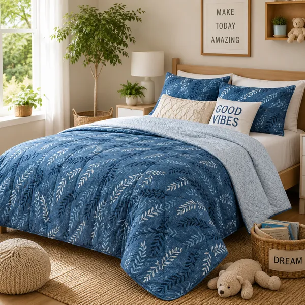 Blue_Microfiber_Botanical_Leaf_Print_Quilt_For_Bedroom