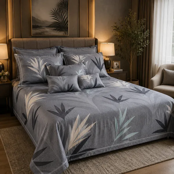 Grey_Glace_Cotton_Botanical_Leaf_Print_Bedsheet_With_Pillow_Cover_For_Bedroom