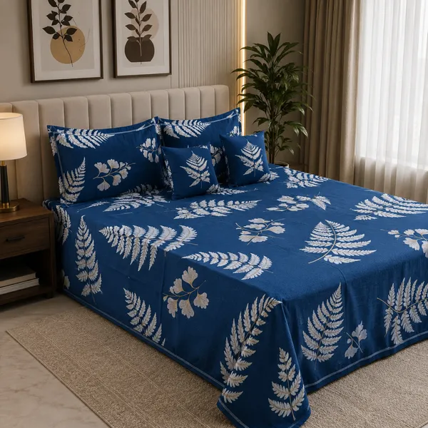 Blue_Glace_Cotton_Botanical_Fern_Print_Bedsheet_With_Pillow_Cover_For_Bedroom