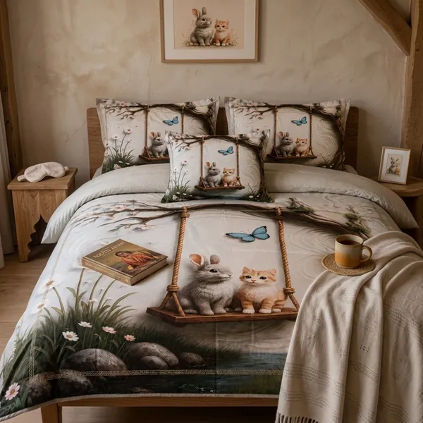Pink_Glace_Cotton_Whimsical_Bunny_And_Nature_Print_With_Butterflies_Grass_And_Floral_Details_Bedsheet_With_Pillow_Cover_For_Bedroom