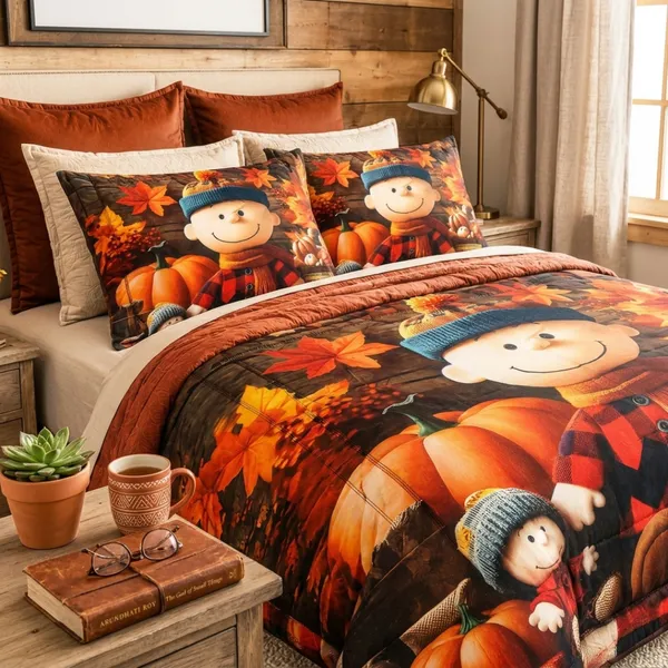 Multicolor_Glace_Cotton_Autumn_Scarecrow_And_Pumpkin_Print_Bedsheet_With_Pillow_Cover_For_Bedroom