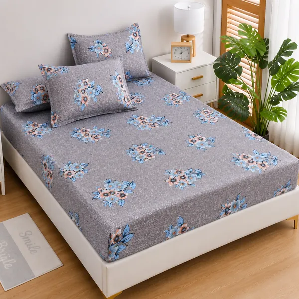 Grey_Cotton_&_Polyester_Floral_Print_Bedsheet_With_Pillow_Cover_For_Bedroom