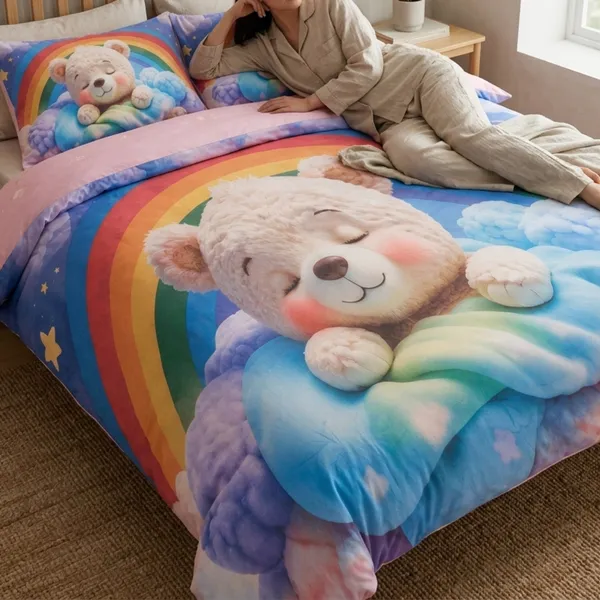 Multicolor_Glace_Cotton_Bear_Print_With_Rainbow_And_Cloud_Motifs_Bedsheet_With_Pillow_Cover_For_Bedroom