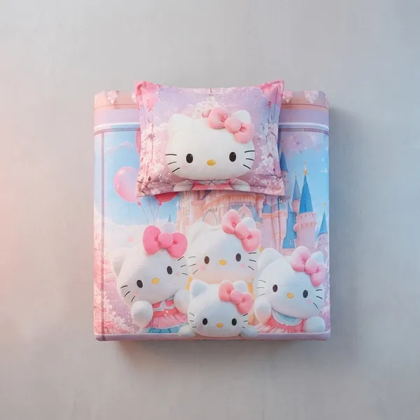 Pink_Glace_Cotton_Hello_Kitty_Castle_Print_With_Bow_Motifs_Bedsheet_With_Pillow_Cover_For_Bedroom