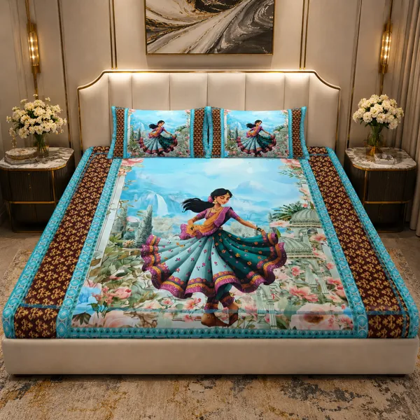 Turquoise_Glace_Cotton_Dancing_Girl_Print_Bedsheet_With_Pillow_Cover_For_Bedroom