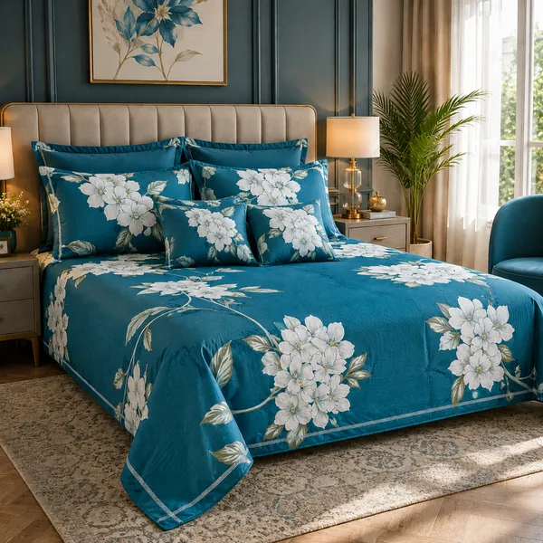Teal_Blue_Cotton_&_Polyester_Floral_Print_Bedsheet_With_Pillow_Cover_For_Bedroom