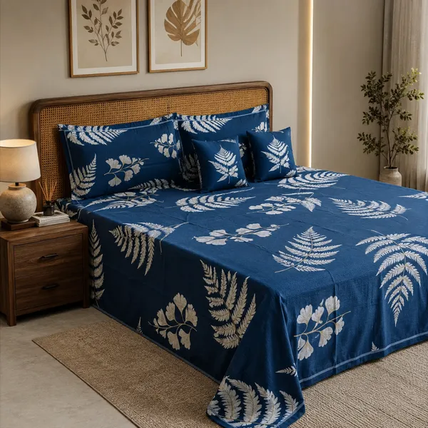 Blue_Glace_Cotton_Botanical_Fern_Print_Bedsheet_With_Pillow_Cover_For_Bedroom