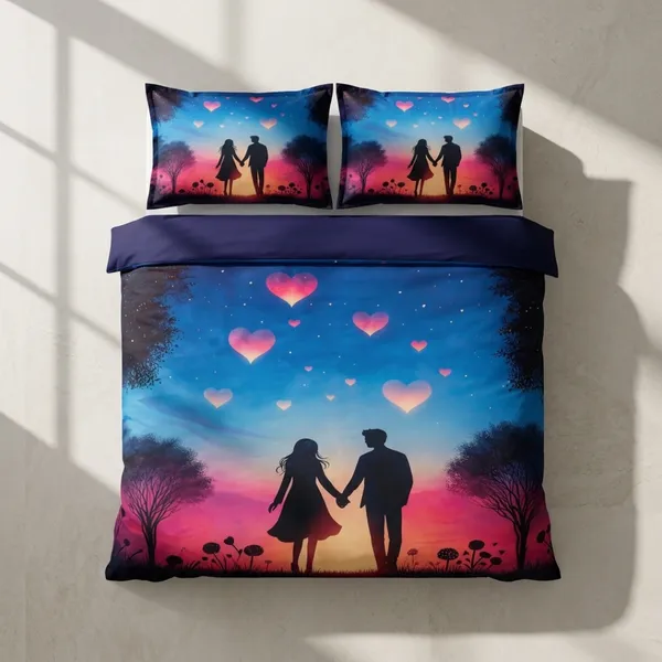 Multicolor_Glace_Cotton_Romantic_Couple_Silhouette_With_Twilight_Scene_And_Heart_Motifs_Bedsheet_With_Pillow_Cover_For_Bedroom