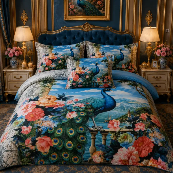 Blue_Glace_Cotton_Peacock_And_Floral_Print_Bedsheet_With_Pillow_Cover_For_Bedroom
