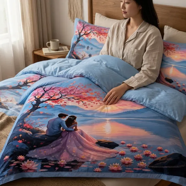 Multicolor_Glace_Cotton_Romantic_Couple_Sunset_With_Cherry_Blossom_Print_Bedsheet_With_Pillow_Cover_For_Bedroom