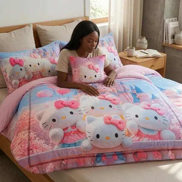 Pink_Glace_Cotton_Hello_Kitty_Castle_Print_With_Bow_Motifs_Bedsheet_With_Pillow_Cover_For_Bedroom