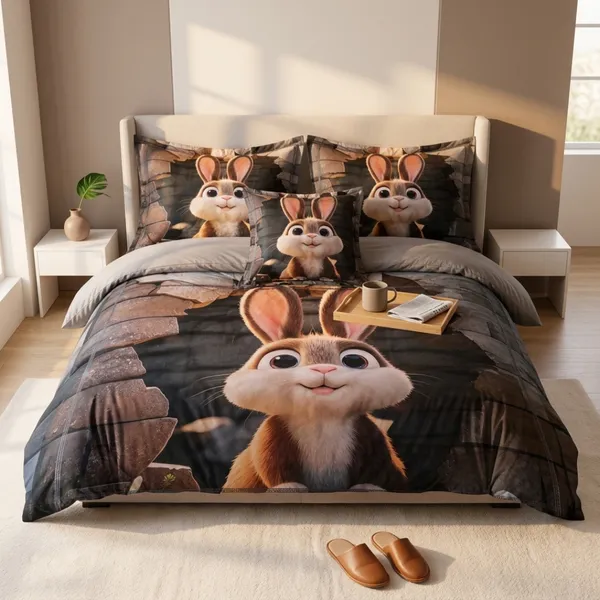 Grey_Glace_Cotton_Cartoon_Rabbit_Character_Print_Bedsheet_With_Pillow_Cover_For_Bedroom