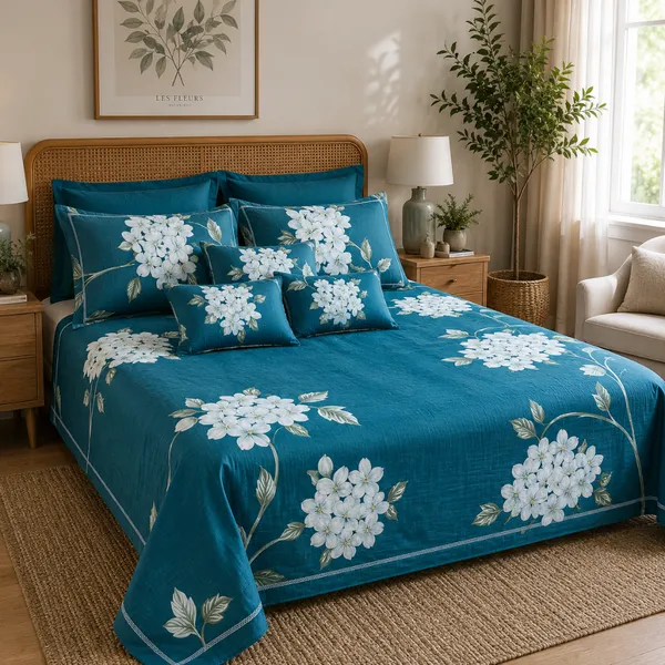 Teal_Blue_Cotton_&_Polyester_Floral_Print_Bedsheet_With_Pillow_Cover_For_Bedroom