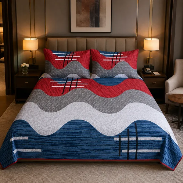 Multicolor_Cotton_&_Polyester_Abstract_Wave_With_Geometric_Stripes_Bedsheet_With_Pillow_Cover_For_Bedroom