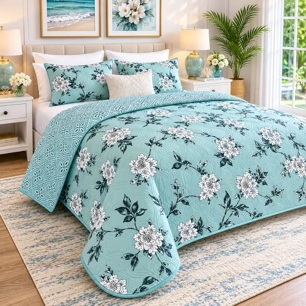Aqua_Blue_Microfiber_Floral_Print_With_Geometric_Reverse_Quilt_For_Bedroom